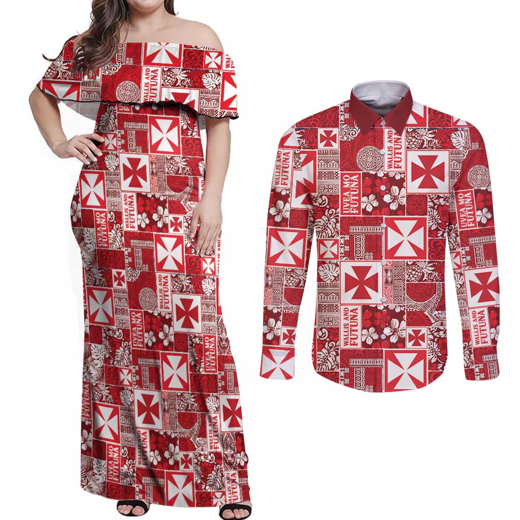 Wallis Et Futuna Kilisimasi Fiefia Couples Matching Off Shoulder Maxi Dress and Long Sleeve Button Shirt Pacific Patchwork Xmas Vibes - Polynesian Pride
