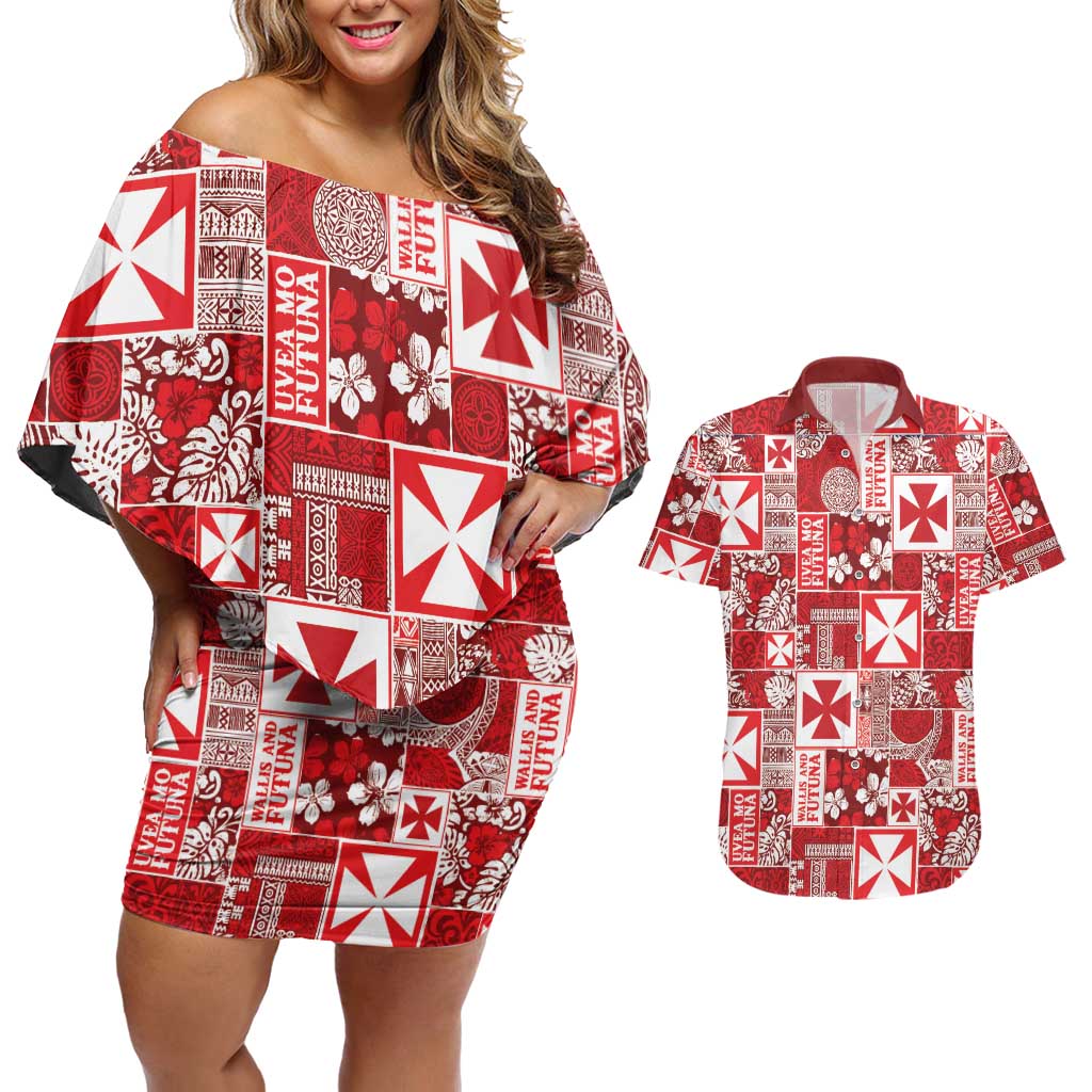 Wallis Et Futuna Kilisimasi Fiefia Couples Matching Off Shoulder Short Dress and Hawaiian Shirt Pacific Patchwork Xmas Vibes LT9 Red - Polynesian Pride