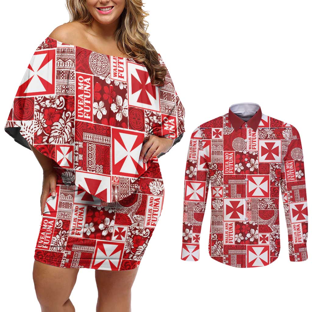 Wallis Et Futuna Kilisimasi Fiefia Couples Matching Off Shoulder Short Dress and Long Sleeve Button Shirt Pacific Patchwork Xmas Vibes - Polynesian Pride