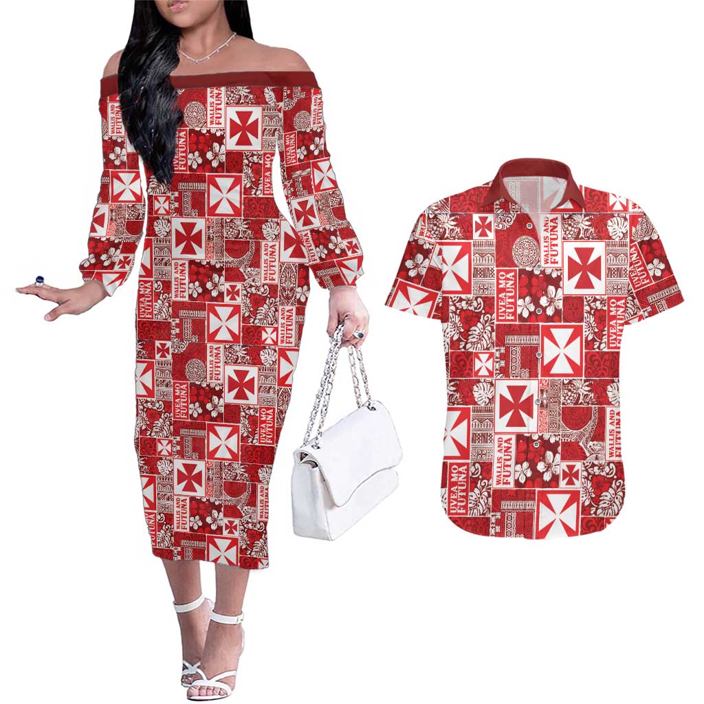 Wallis Et Futuna Kilisimasi Fiefia Couples Matching Off The Shoulder Long Sleeve Dress and Hawaiian Shirt Pacific Patchwork Xmas Vibes LT9 Red - Polynesian Pride