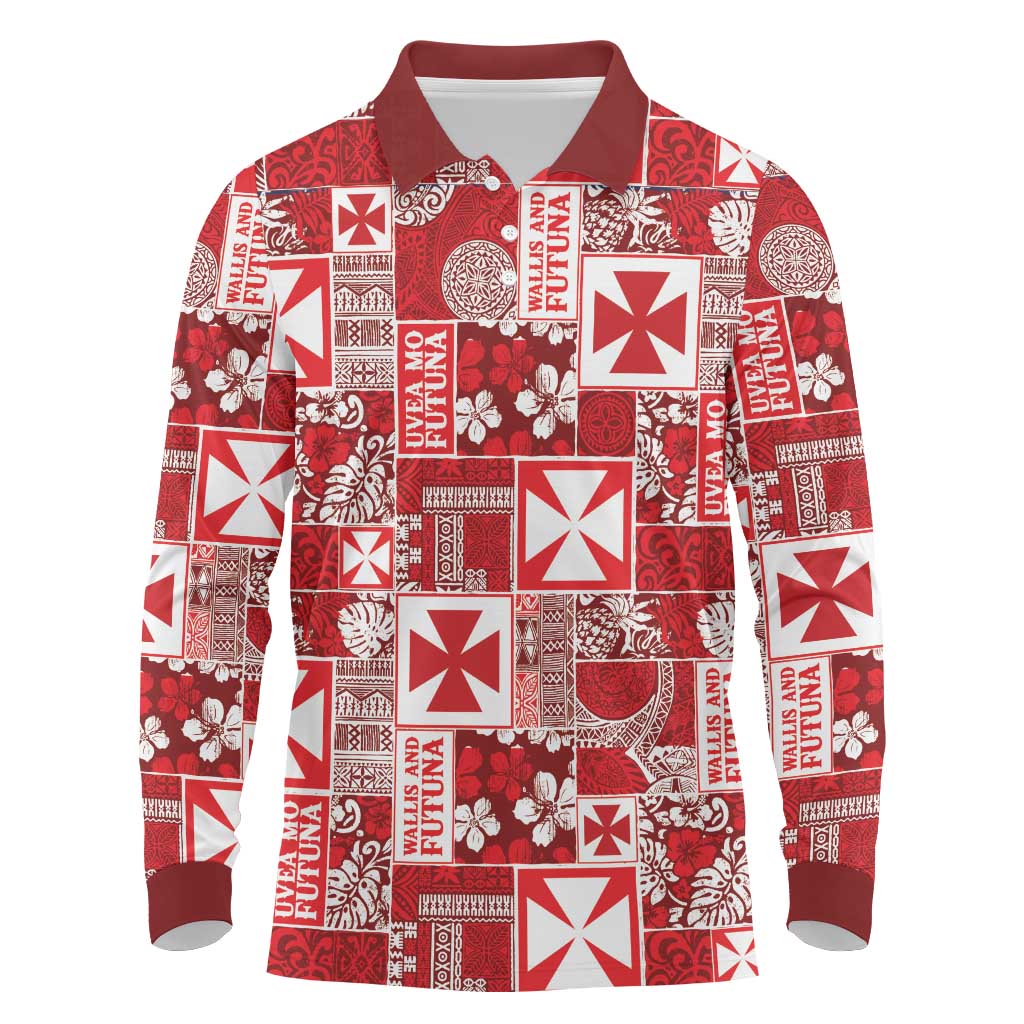 Wallis Et Futuna Kilisimasi Fiefia Long Sleeve Polo Shirt Pacific Patchwork Xmas Vibes - Polynesian Pride