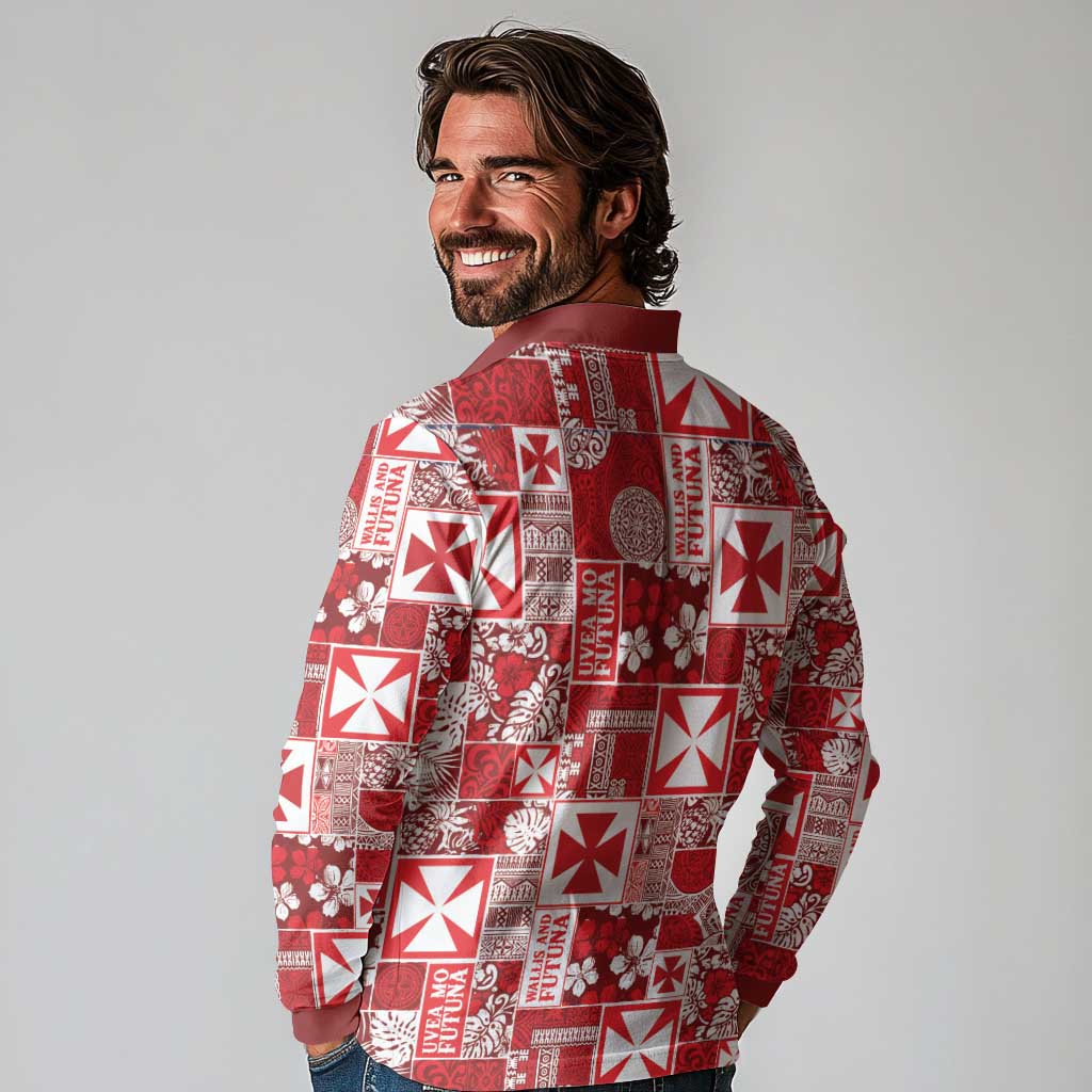 Wallis Et Futuna Kilisimasi Fiefia Long Sleeve Polo Shirt Pacific Patchwork Xmas Vibes - Polynesian Pride