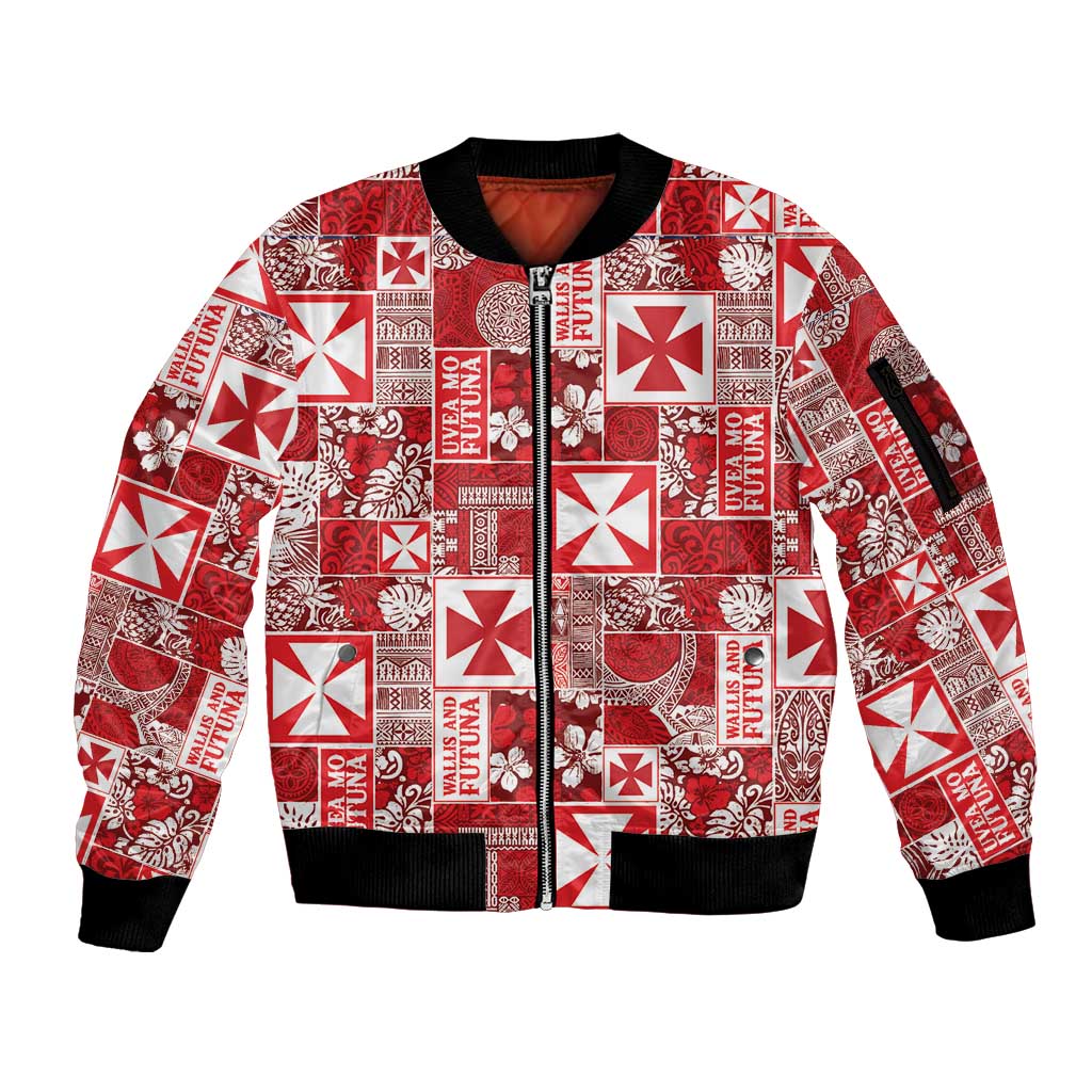 Wallis Et Futuna Kilisimasi Fiefia Sleeve Zip Bomber Jacket Pacific Patchwork Xmas Vibes - Polynesian Pride