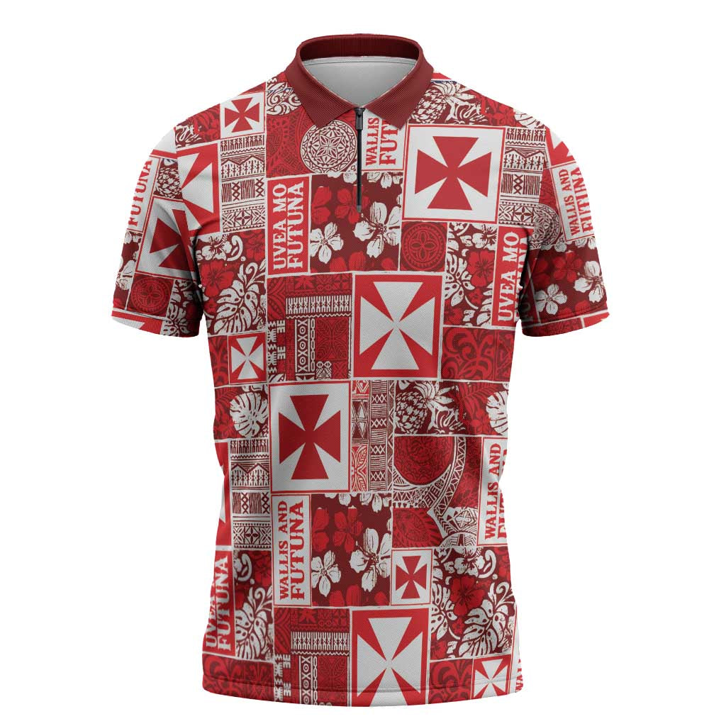 Wallis Et Futuna Kilisimasi Fiefia Zipper Polo Shirt Pacific Patchwork Xmas Vibes - Polynesian Pride
