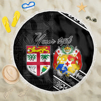 Fiji Tonga Coat of Arm Personalised Beach Blanket With Masi Tapa and Tongan Ngatu Together LT9 One Size 150cm Black - Polynesian Pride