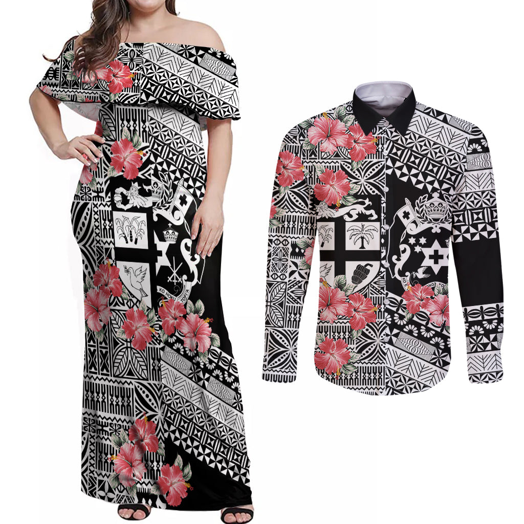 Fiji Tonga Coat of Arm Personalised Couples Matching Off Shoulder Maxi Dress and Long Sleeve Button Shirt With Masi Tapa and Tongan Ngatu Together LT9 Black - Polynesian Pride