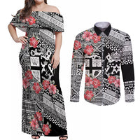 Fiji Tonga Coat of Arm Personalised Couples Matching Off Shoulder Maxi Dress and Long Sleeve Button Shirt With Masi Tapa and Tongan Ngatu Together LT9 Black - Polynesian Pride