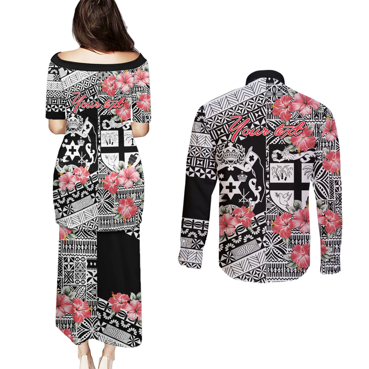 Fiji Tonga Coat of Arm Personalised Couples Matching Puletasi and Long Sleeve Button Shirt With Masi Tapa and Tongan Ngatu Together LT9 - Polynesian Pride