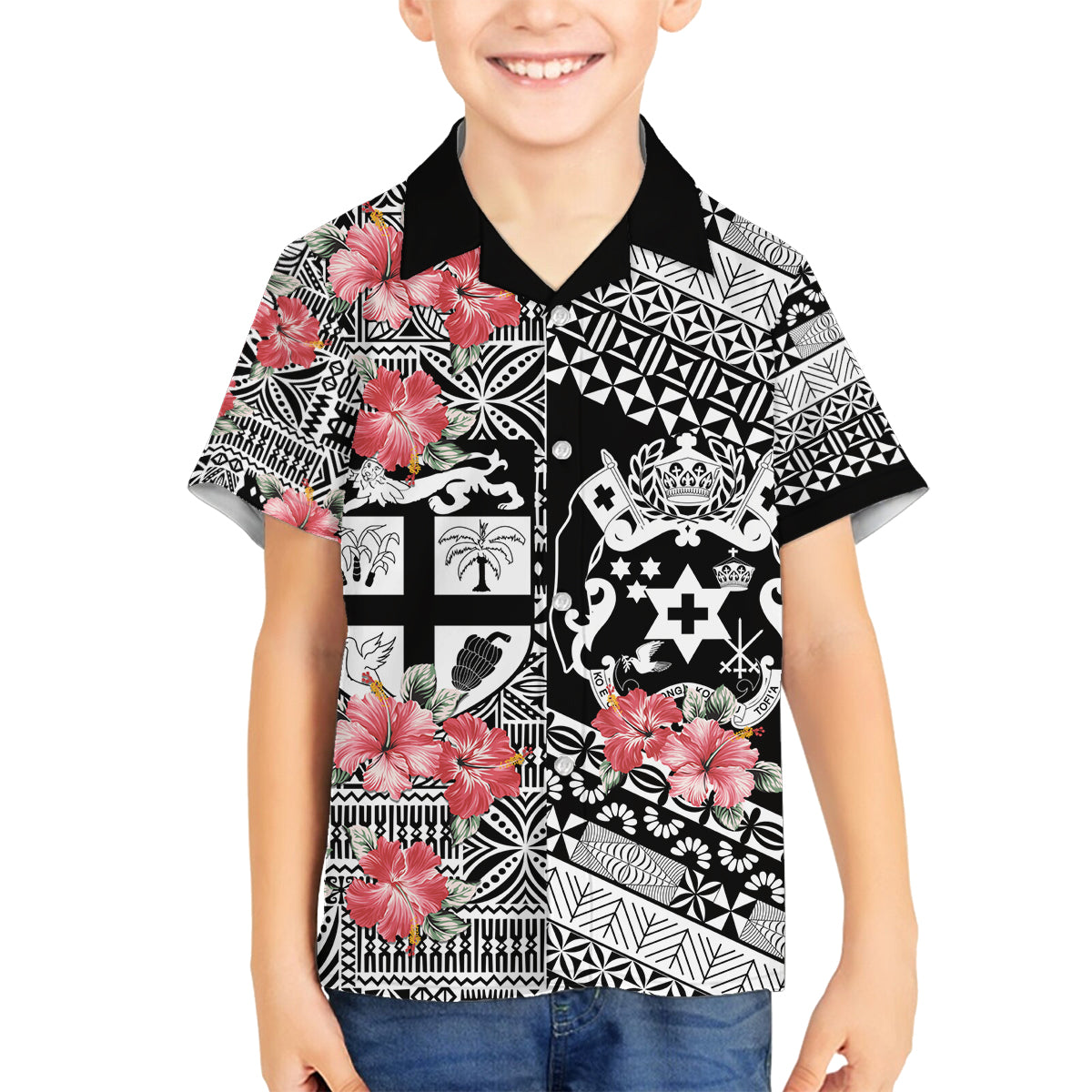 Fiji Tonga Coat of Arm Personalised Family Matching Summer Maxi Dress and Hawaiian Shirt With Masi Tapa and Tongan Ngatu Together LT9 Son's Shirt Black - Polynesian Pride