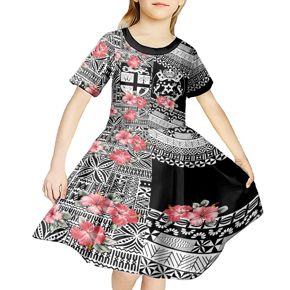 Fiji Tonga Coat of Arm Personalised Kid Short Sleeve Dress With Masi Tapa and Tongan Ngatu Together LT9 - Polynesian Pride