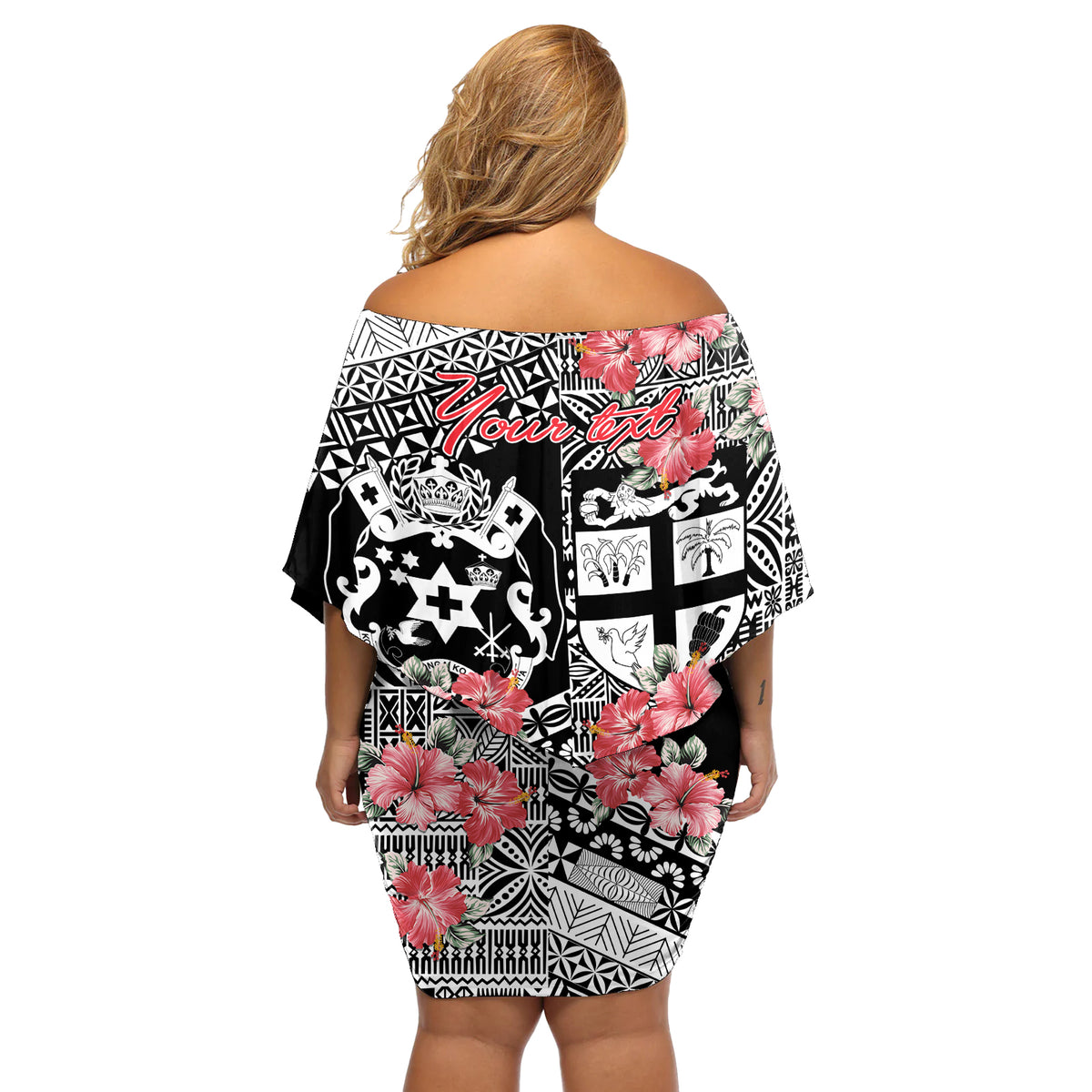 Fiji Tonga Coat of Arm Personalised Off Shoulder Short Dress With Masi Tapa and Tongan Ngatu Together LT9 - Polynesian Pride