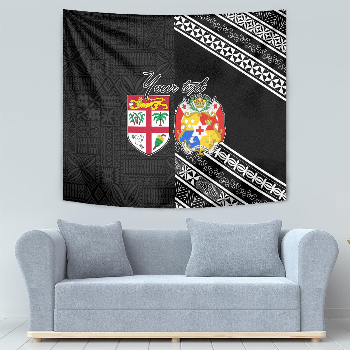 Fiji Tonga Coat of Arm Personalised Tapestry With Masi Tapa and Tongan Ngatu Together LT9 - Polynesian Pride