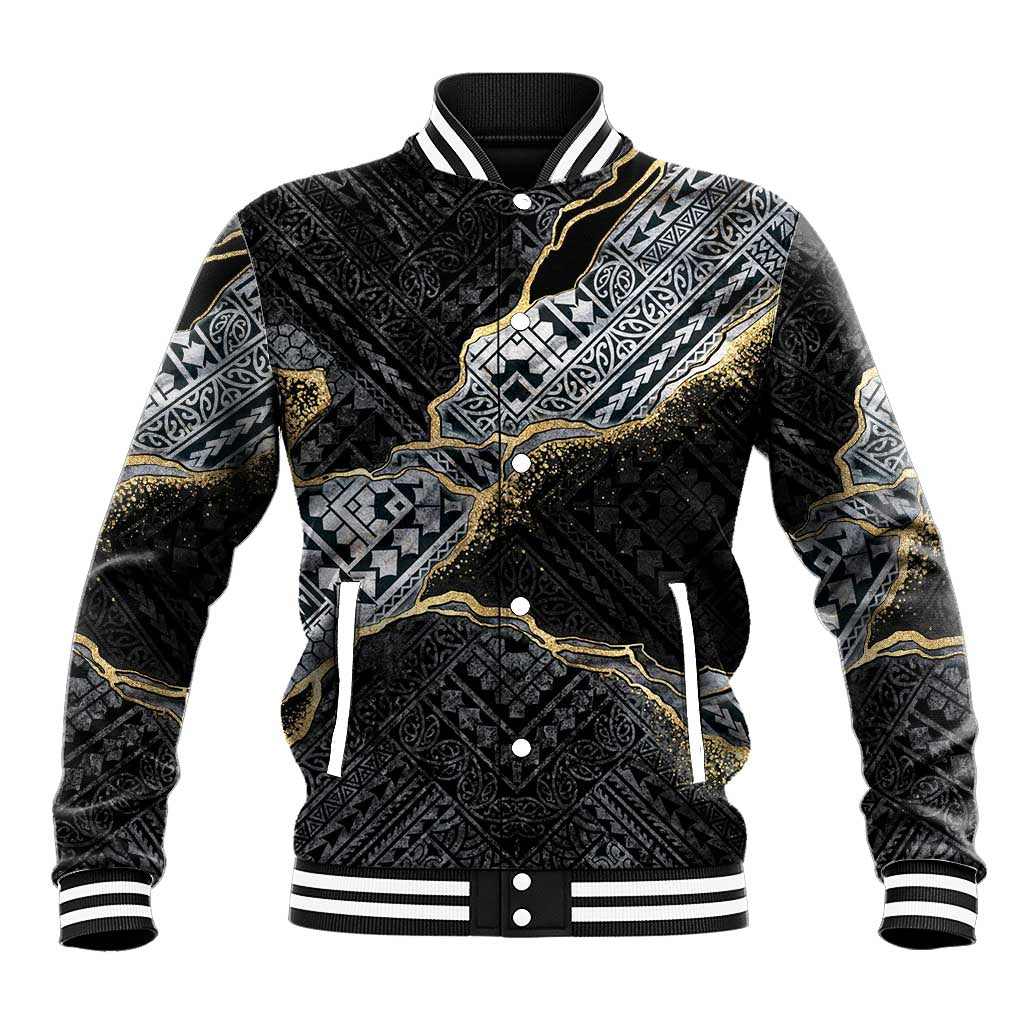 Polynesian Tribal Tattoo Baseball Jacket Dark Marble Pattern