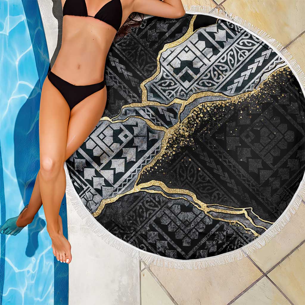 Polynesian Tribal Tattoo Beach Blanket Dark Marble Pattern