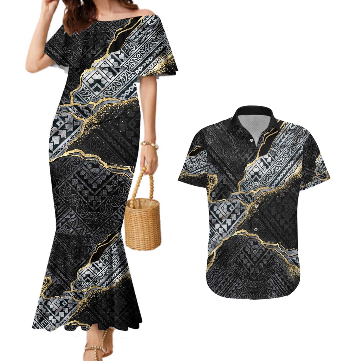Polynesian Tribal Tattoo Couples Matching Mermaid Dress and Hawaiian Shirt Dark Marble Pattern