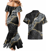 Polynesian Tribal Tattoo Couples Matching Mermaid Dress and Hawaiian Shirt Dark Marble Pattern