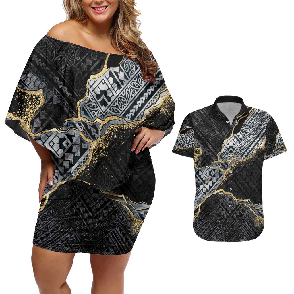 Polynesian Tribal Tattoo Couples Matching Off Shoulder Short Dress and Hawaiian Shirt Dark Marble Pattern