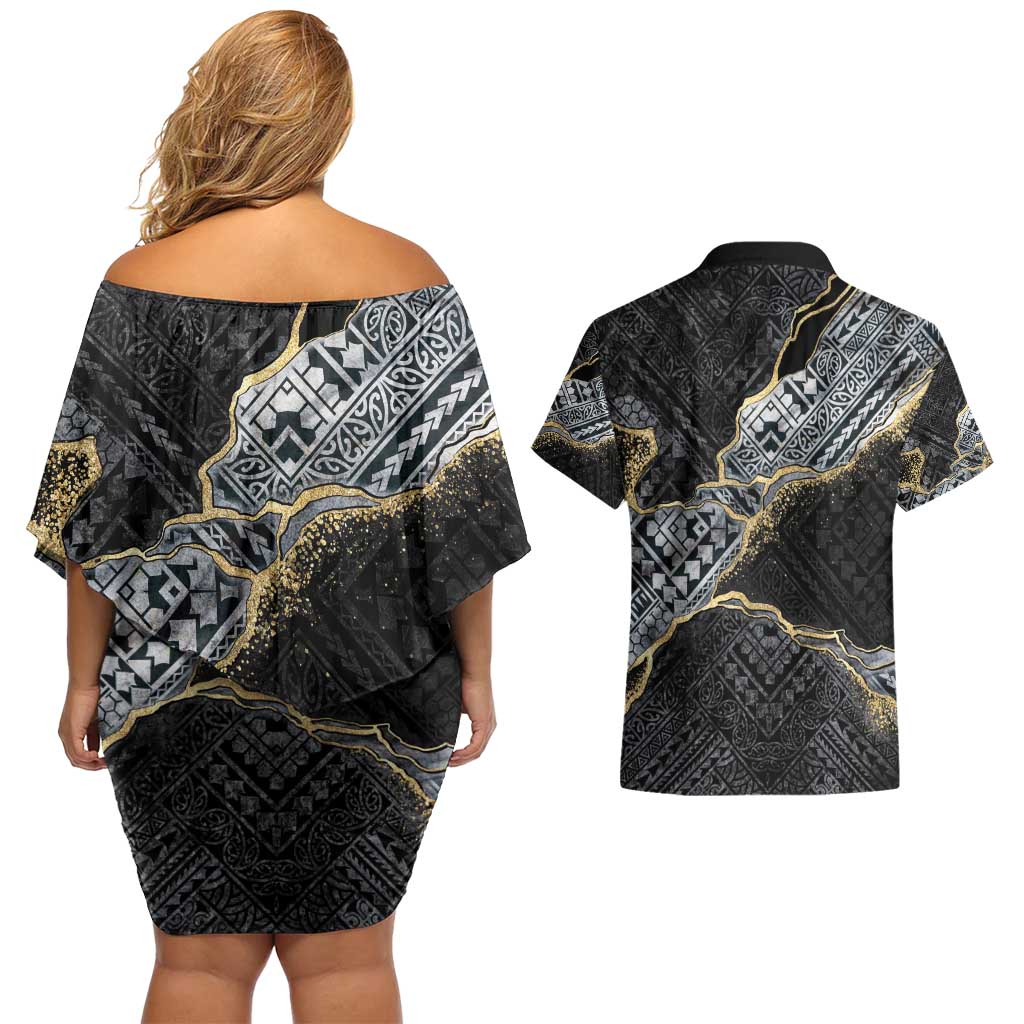 Polynesian Tribal Tattoo Couples Matching Off Shoulder Short Dress and Hawaiian Shirt Dark Marble Pattern
