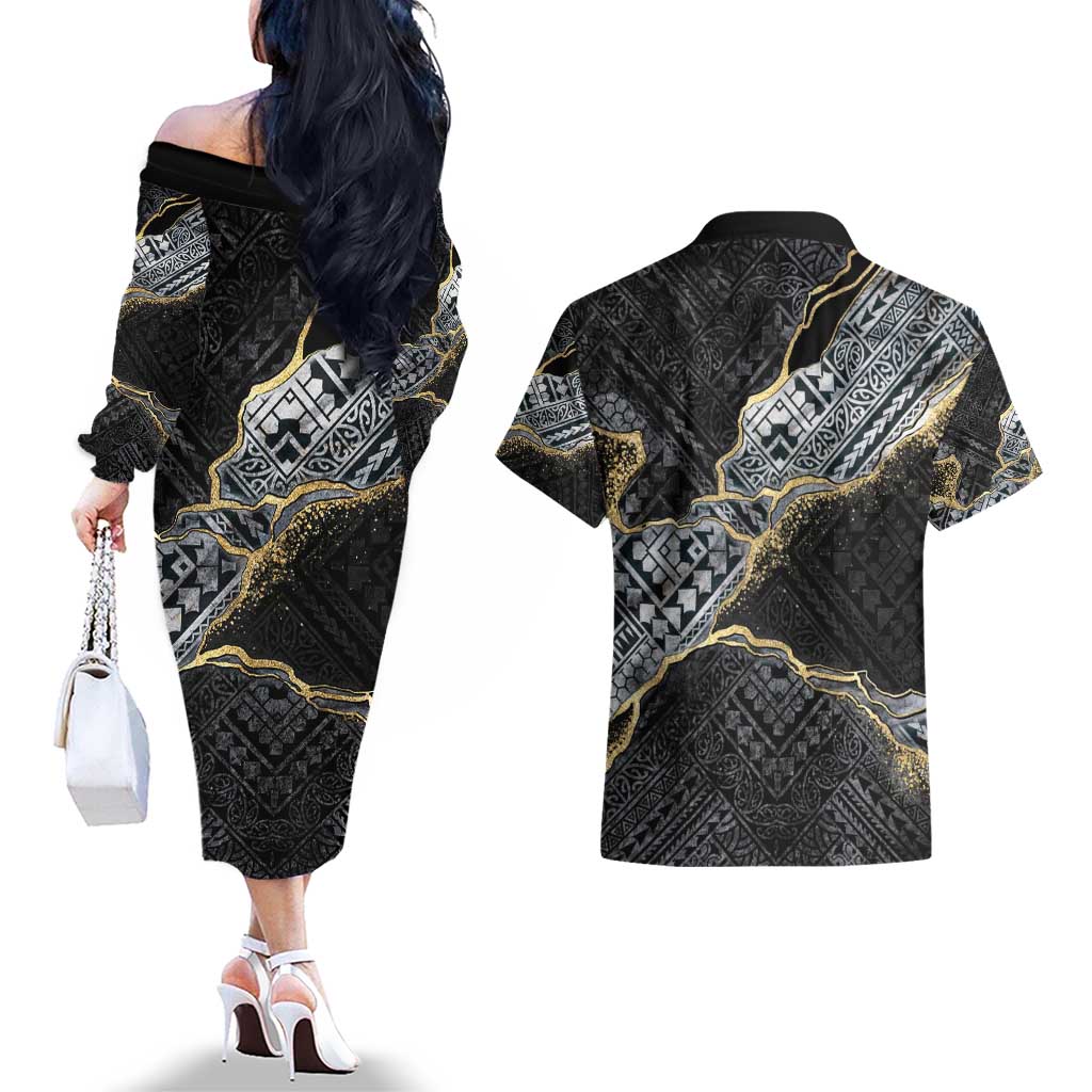 Polynesian Tribal Tattoo Couples Matching Off The Shoulder Long Sleeve Dress and Hawaiian Shirt Dark Marble Pattern