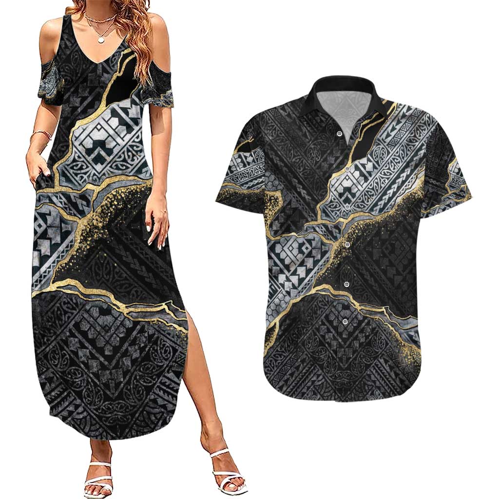 Polynesian Tribal Tattoo Couples Matching Summer Maxi Dress and Hawaiian Shirt Dark Marble Pattern