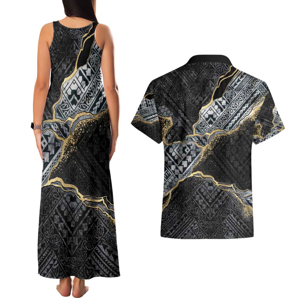 Polynesian Tribal Tattoo Couples Matching Tank Maxi Dress and Hawaiian Shirt Dark Marble Pattern
