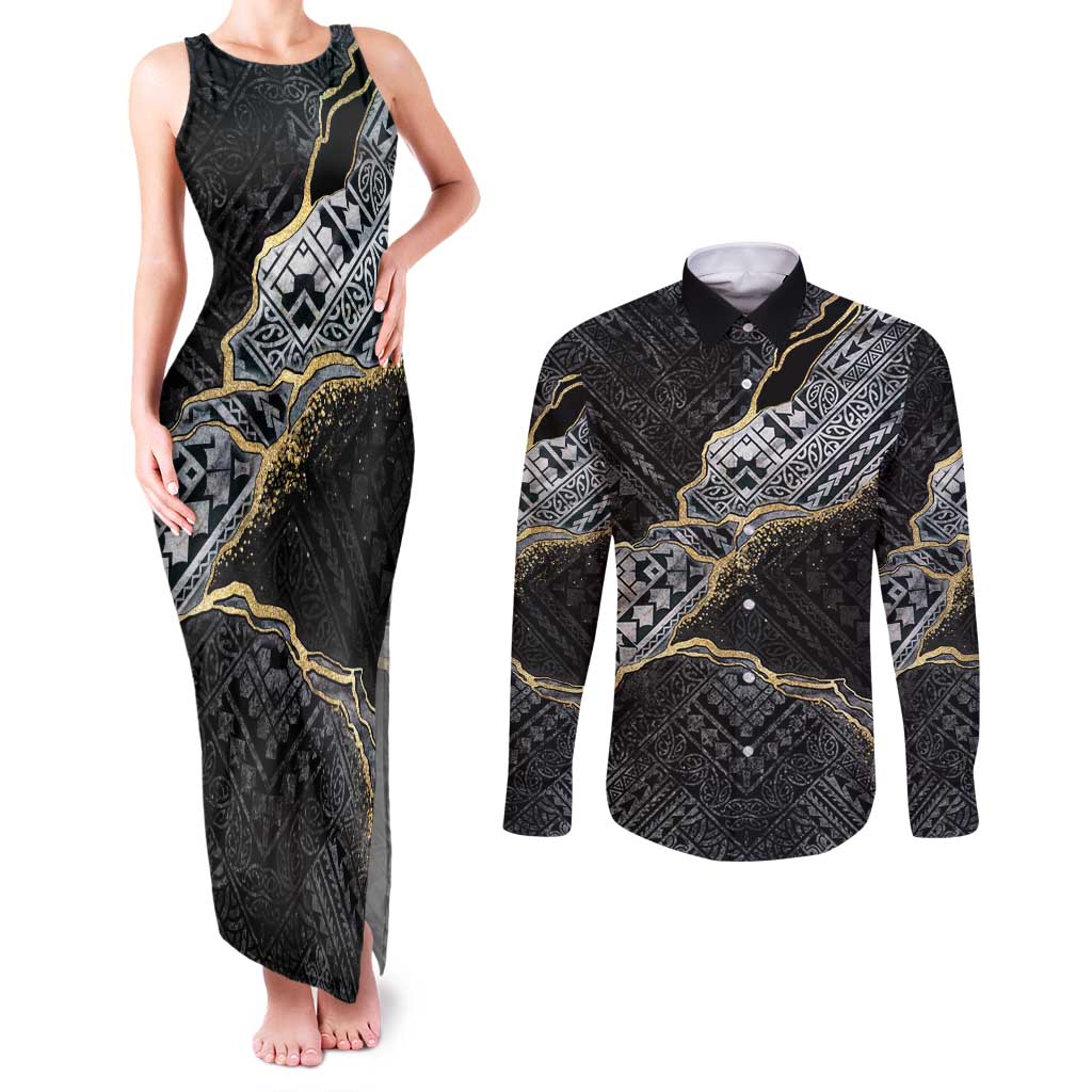 Polynesian Tribal Tattoo Couples Matching Tank Maxi Dress and Long Sleeve Button Shirt Dark Marble Pattern