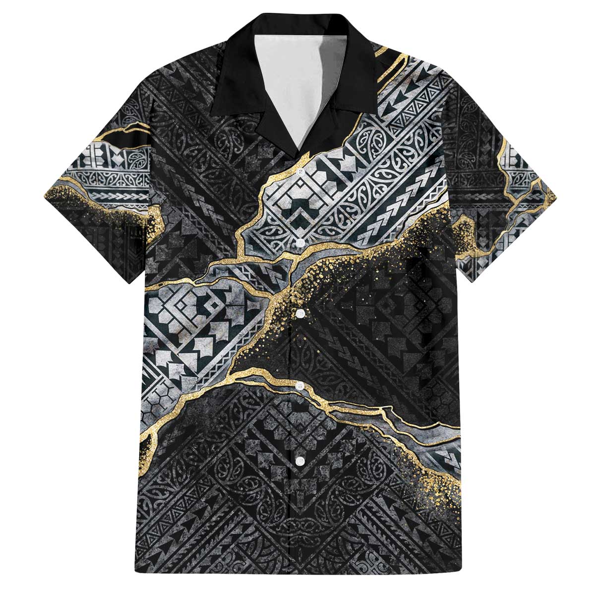 Polynesian Tribal Tattoo Family Matching Off The Shoulder Long Sleeve Dress and Hawaiian Shirt Dark Marble Pattern