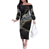 Polynesian Tribal Tattoo Family Matching Off The Shoulder Long Sleeve Dress and Hawaiian Shirt Dark Marble Pattern