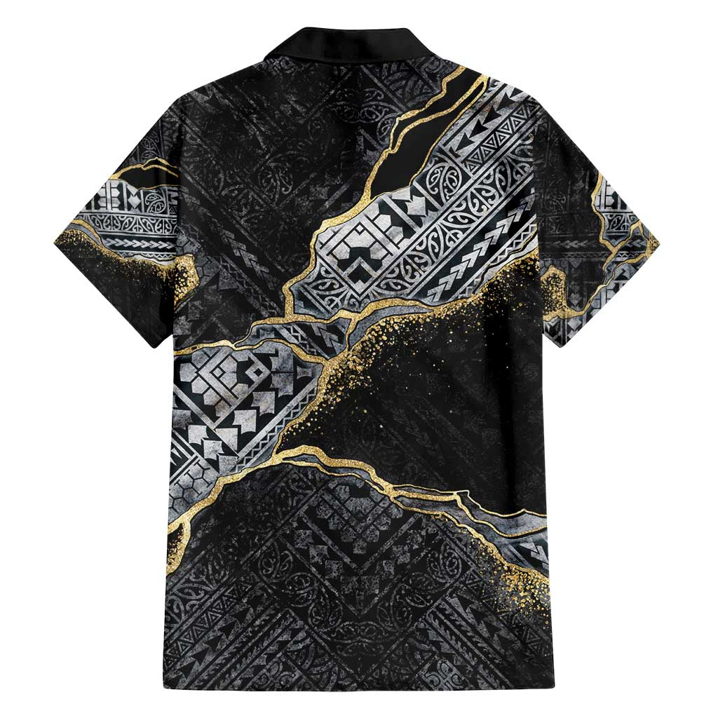 Polynesian Tribal Tattoo Family Matching Off Shoulder Short Dress and Hawaiian Shirt Dark Marble Pattern