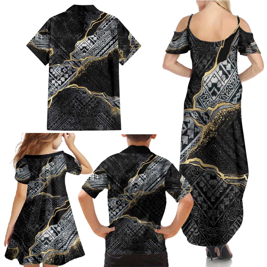 Polynesian Tribal Tattoo Family Matching Summer Maxi Dress and Hawaiian Shirt Dark Marble Pattern