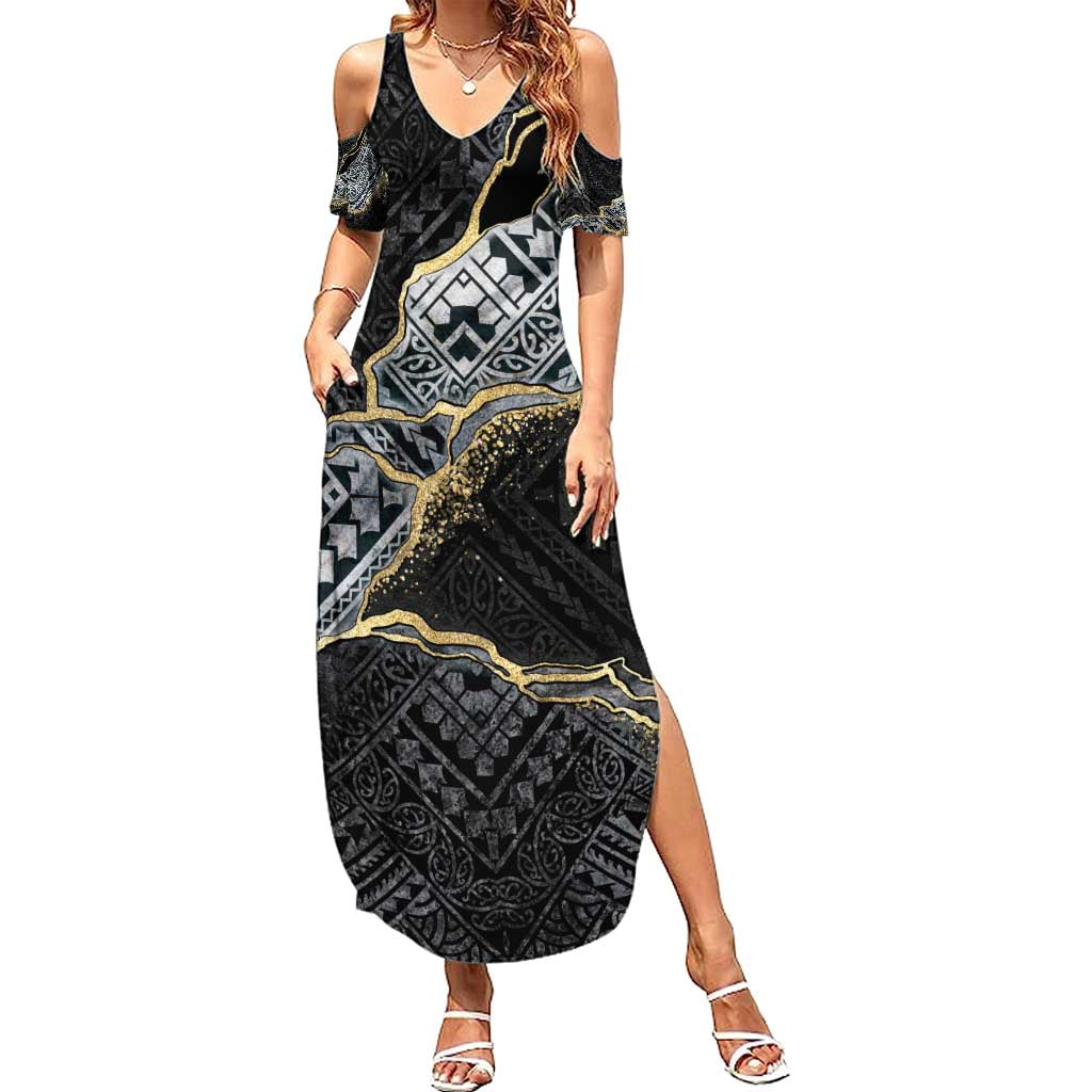 Polynesian Tribal Tattoo Family Matching Summer Maxi Dress and Hawaiian Shirt Dark Marble Pattern