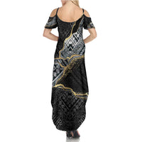 Polynesian Tribal Tattoo Family Matching Summer Maxi Dress and Hawaiian Shirt Dark Marble Pattern