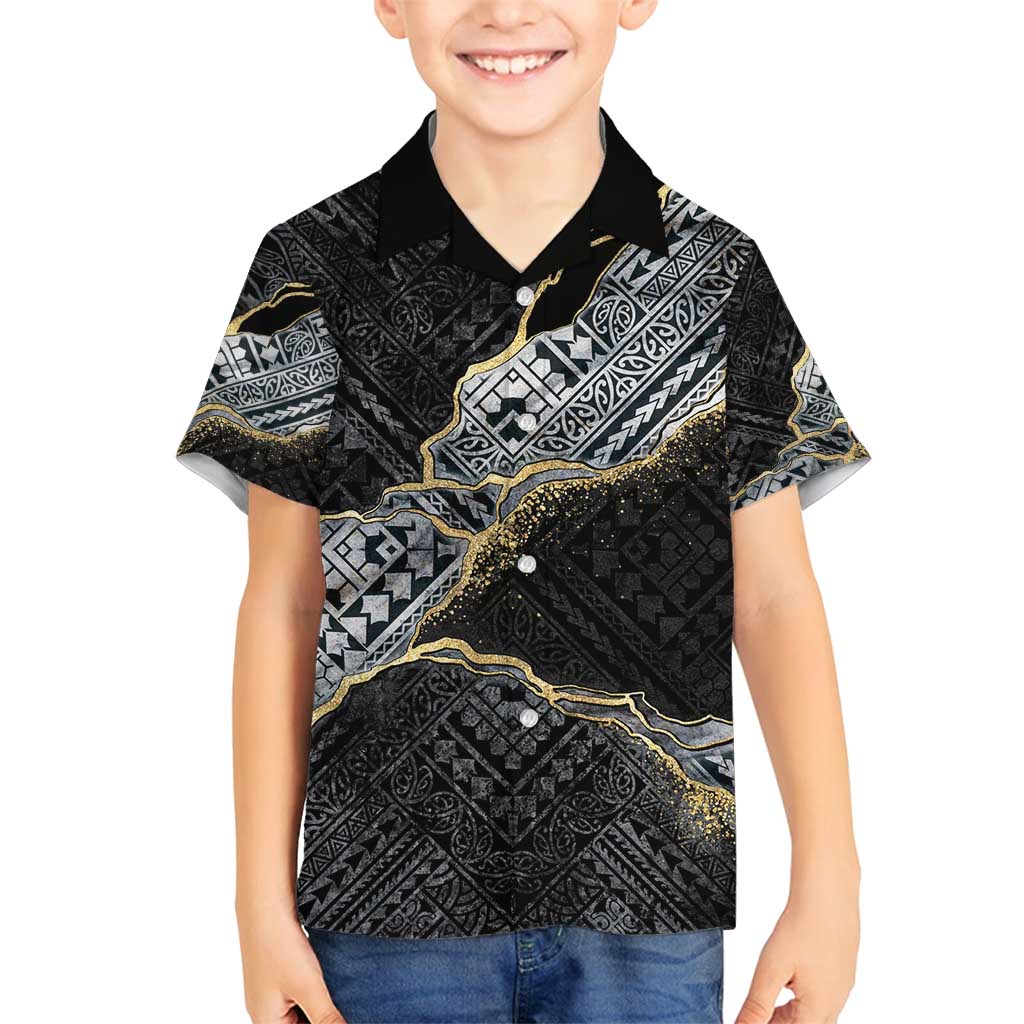 Polynesian Tribal Tattoo Family Matching Summer Maxi Dress and Hawaiian Shirt Dark Marble Pattern