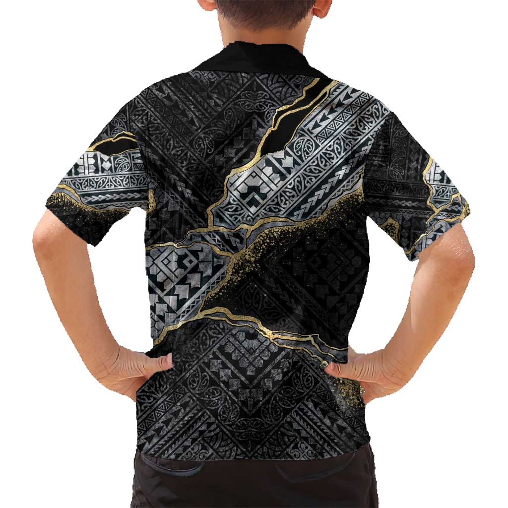 Polynesian Tribal Tattoo Family Matching Tank Maxi Dress and Hawaiian Shirt Dark Marble Pattern
