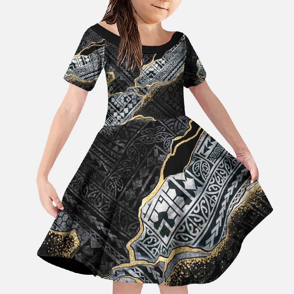 Polynesian Tribal Tattoo Family Matching Tank Maxi Dress and Hawaiian Shirt Dark Marble Pattern