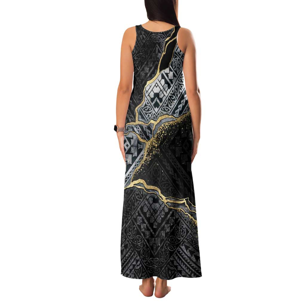 Polynesian Tribal Tattoo Family Matching Tank Maxi Dress and Hawaiian Shirt Dark Marble Pattern