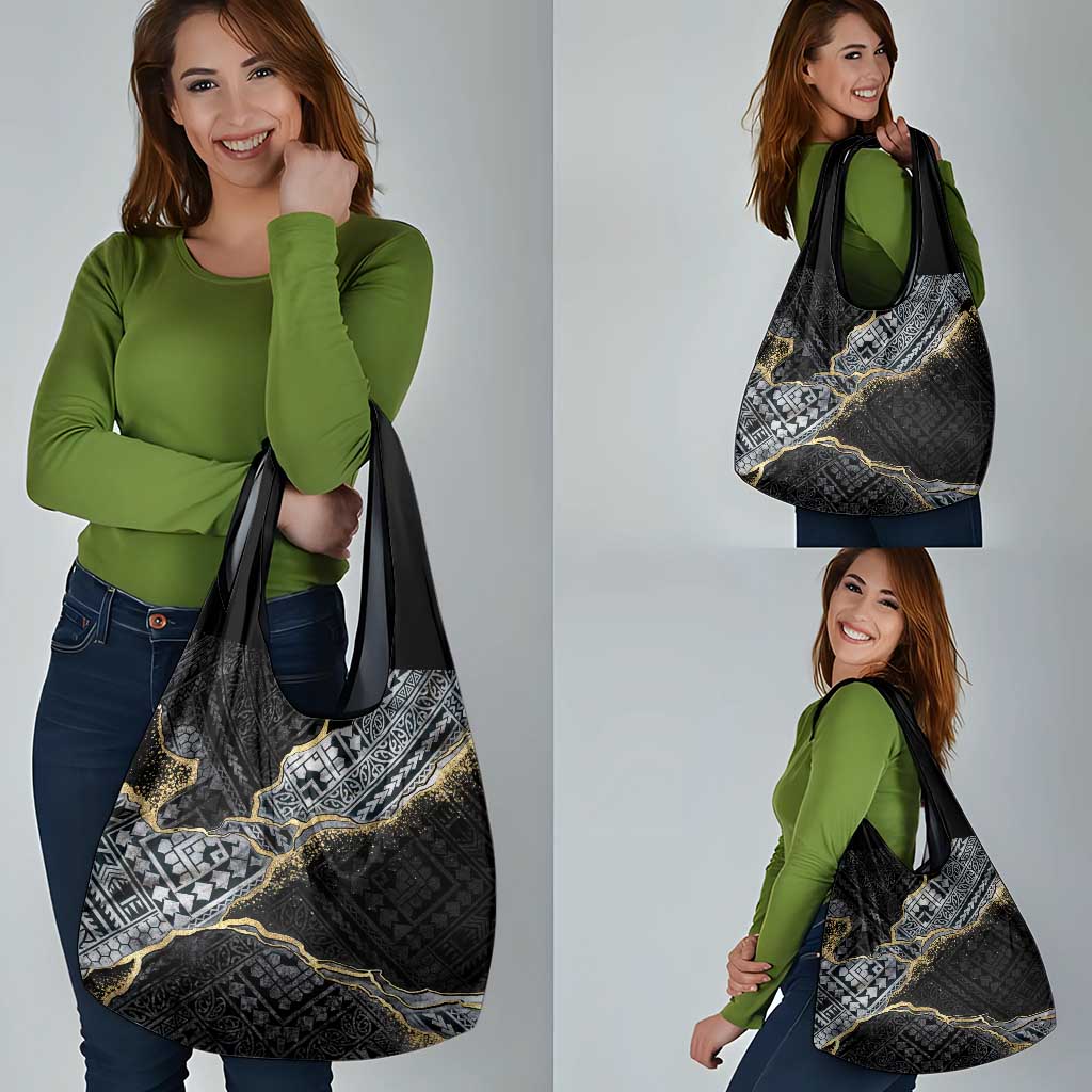 Polynesian Tribal Tattoo Grocery Bag Dark Marble Pattern