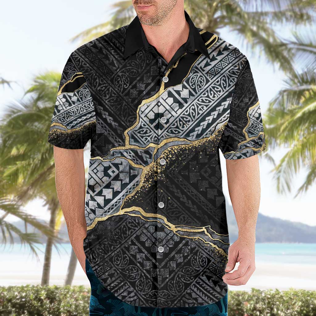 Polynesian Tribal Tattoo Hawaiian Shirt Dark Marble Pattern