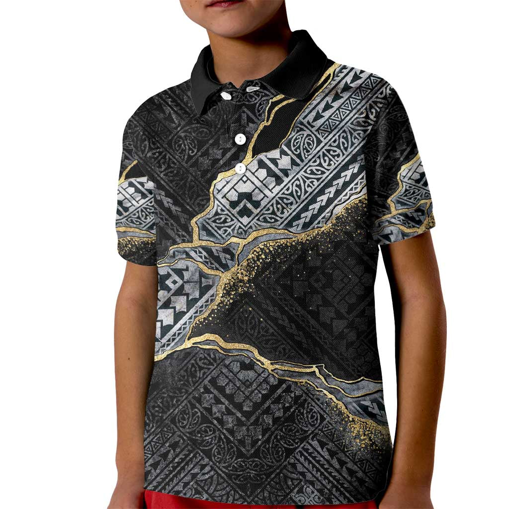 Polynesian Tribal Tattoo Kid Polo Shirt Dark Marble Pattern