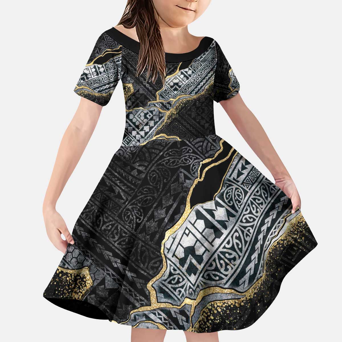 Polynesian Tribal Tattoo Kid Short Sleeve Dress Dark Marble Pattern LT9 KID Black - Polynesian Pride
