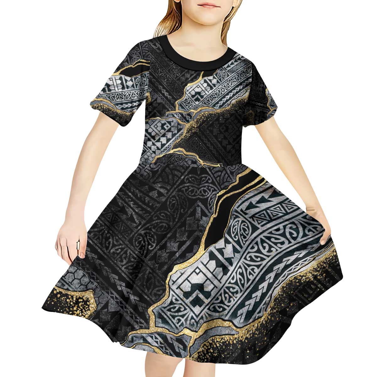 Polynesian Tribal Tattoo Kid Short Sleeve Dress Dark Marble Pattern LT9 - Polynesian Pride