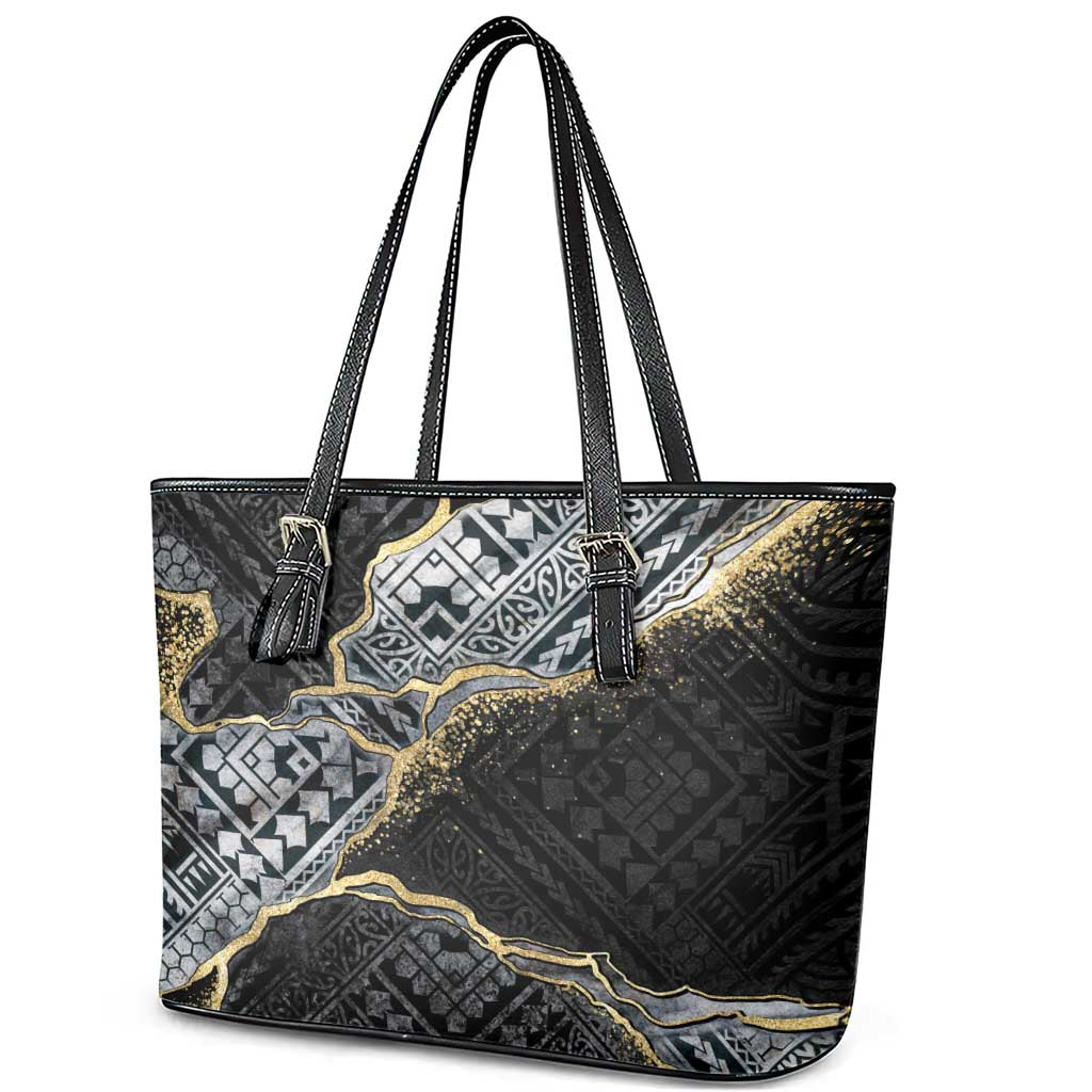 Polynesian Tribal Tattoo Leather Tote Bag Dark Marble Pattern