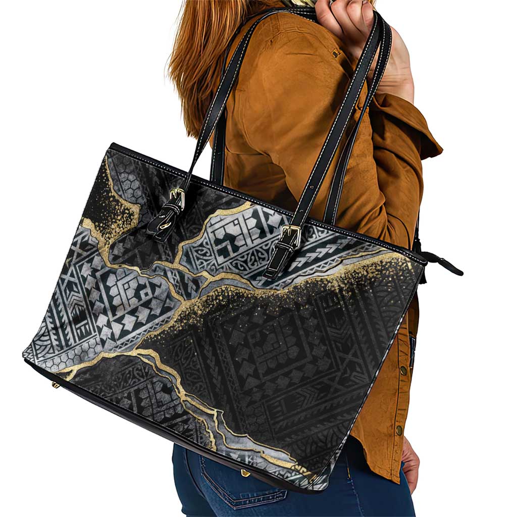 Polynesian Tribal Tattoo Leather Tote Bag Dark Marble Pattern