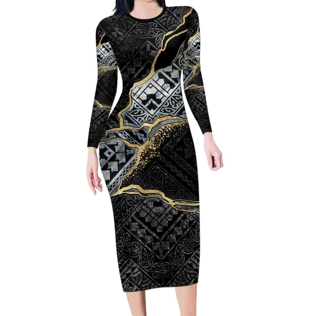 Polynesian Tribal Tattoo Long Sleeve Bodycon Dress Dark Marble Pattern