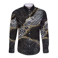 Polynesian Tribal Tattoo Long Sleeve Button Shirt Dark Marble Pattern