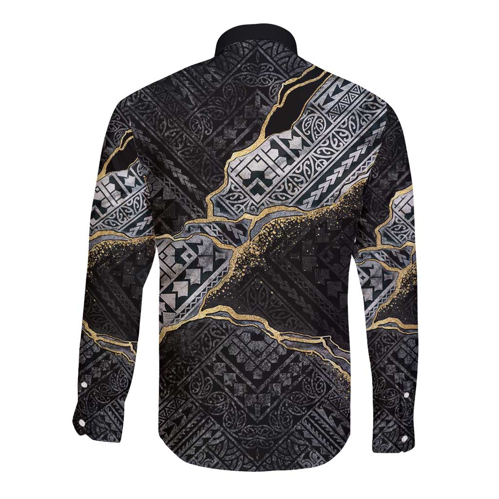 Polynesian Tribal Tattoo Long Sleeve Button Shirt Dark Marble Pattern
