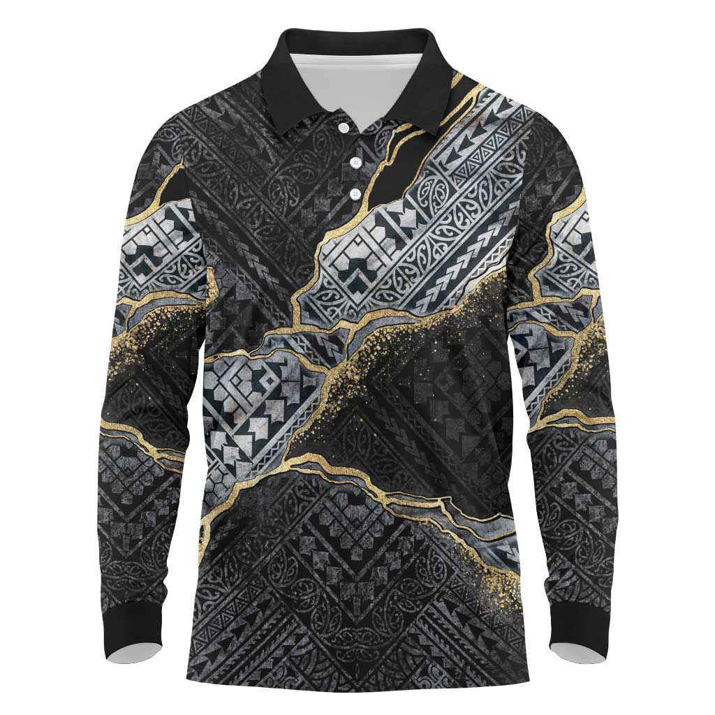 Polynesian Tribal Tattoo Long Sleeve Polo Shirt Dark Marble Pattern LT9 Black - Polynesian Pride