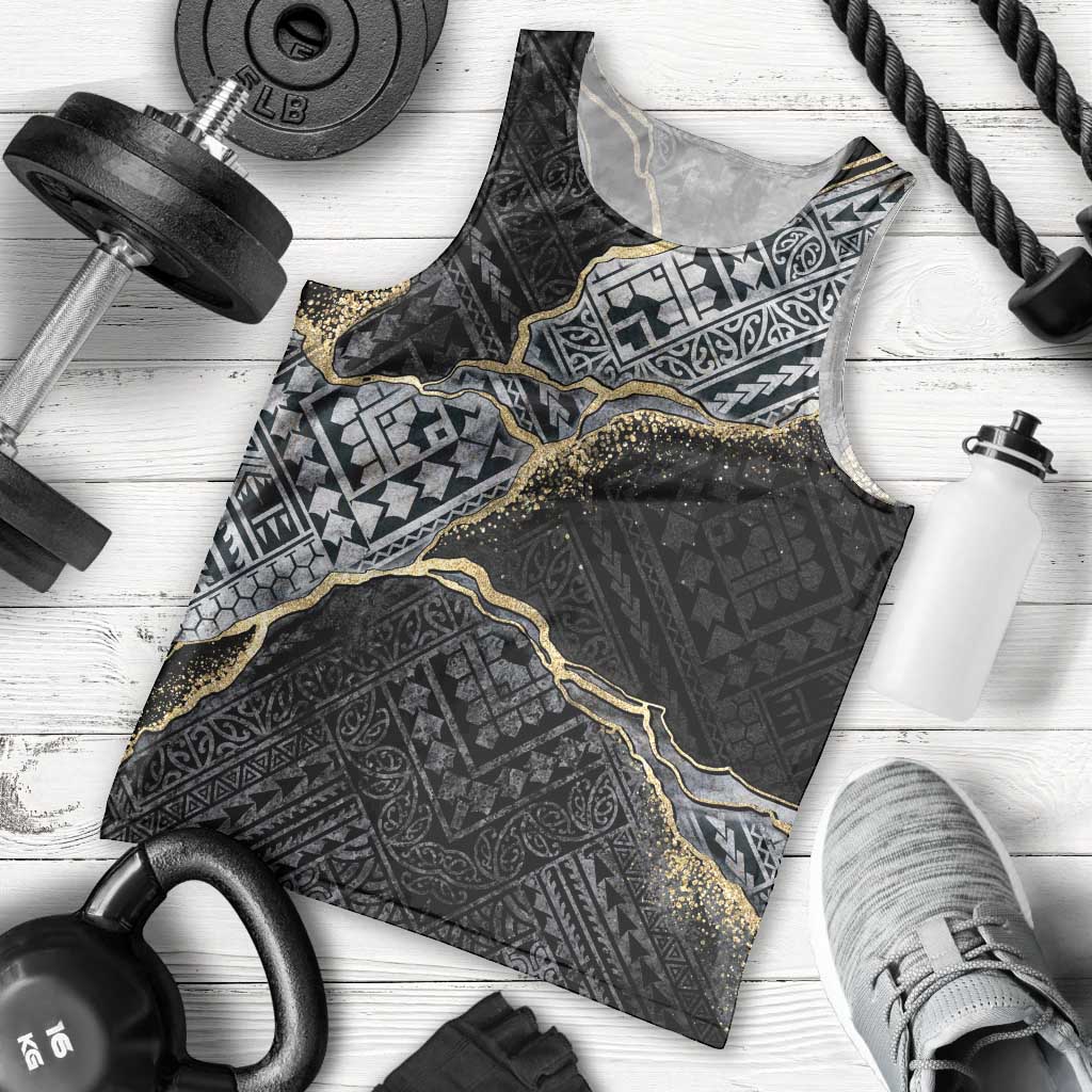 Polynesian Tribal Tattoo Men Tank Top Dark Marble Pattern