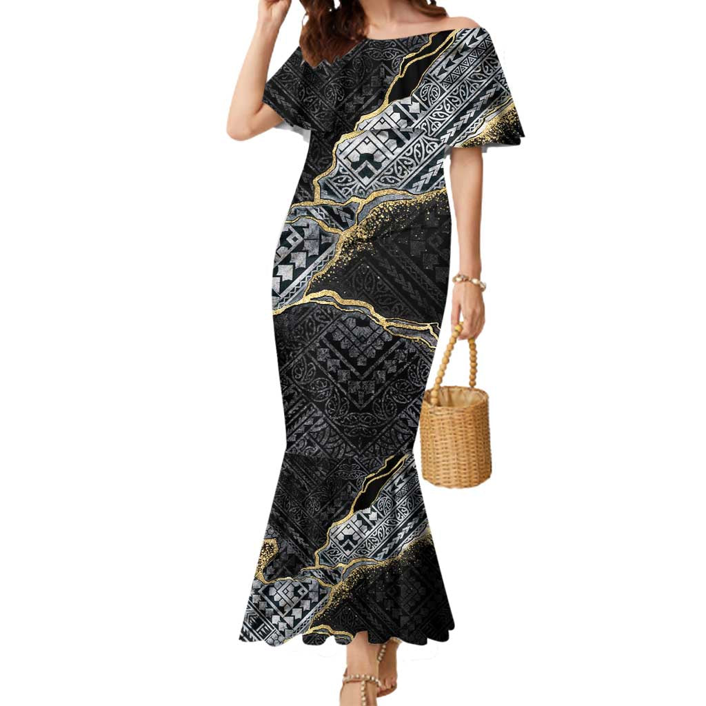 Polynesian Tribal Tattoo Mermaid Dress Dark Marble Pattern