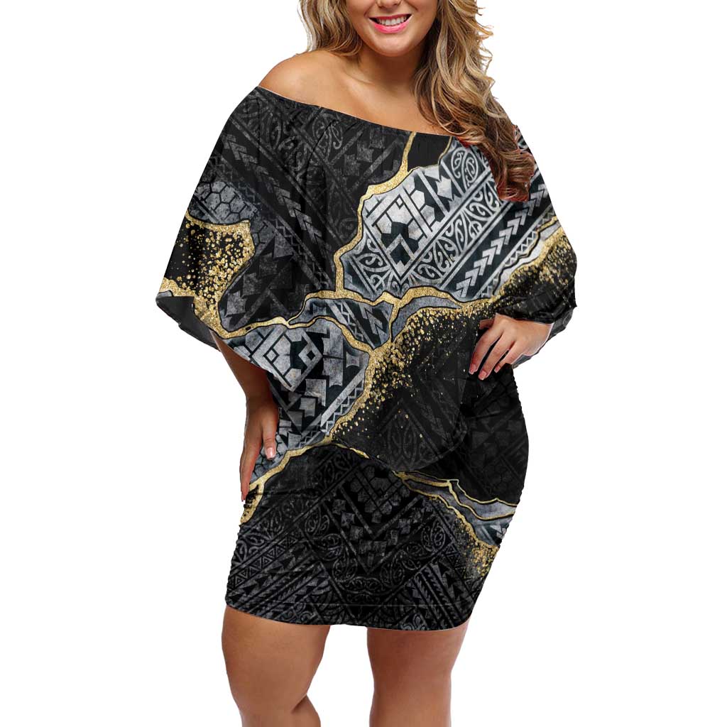 Polynesian Tribal Tattoo Off Shoulder Short Dress Dark Marble Pattern